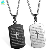 BONISKISS 316L Men&#39;s Stainless Steel Necklace Croos Lord&#39;s Prayer Bible Engraved Pendant Tag Man Long Suspension Chain Jewelry