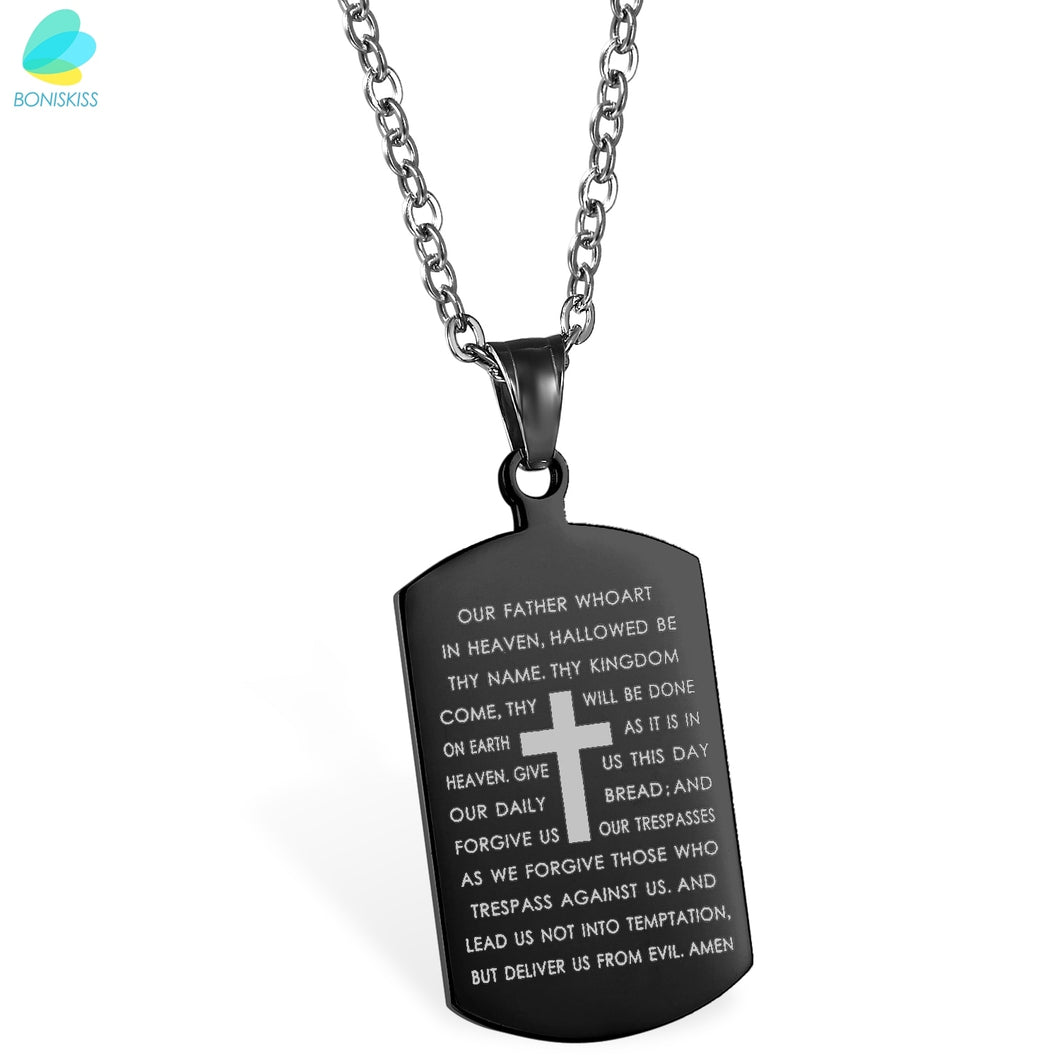BONISKISS 316L Men's Stainless Steel Necklace Croos Lord's Prayer Bible Engraved Pendant Tag Man Long Suspension Chain Jewelry