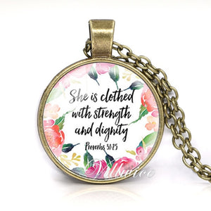 Firelife Ministries - She is clothed with Strength and Dignity Necklace Proverbs 31:25 Bible Verse Christian Quote Necklace Faith Gifts